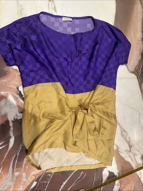 Dries Van Noten Purple and Mustard Colorblock Tie-Front Silk Women's Top